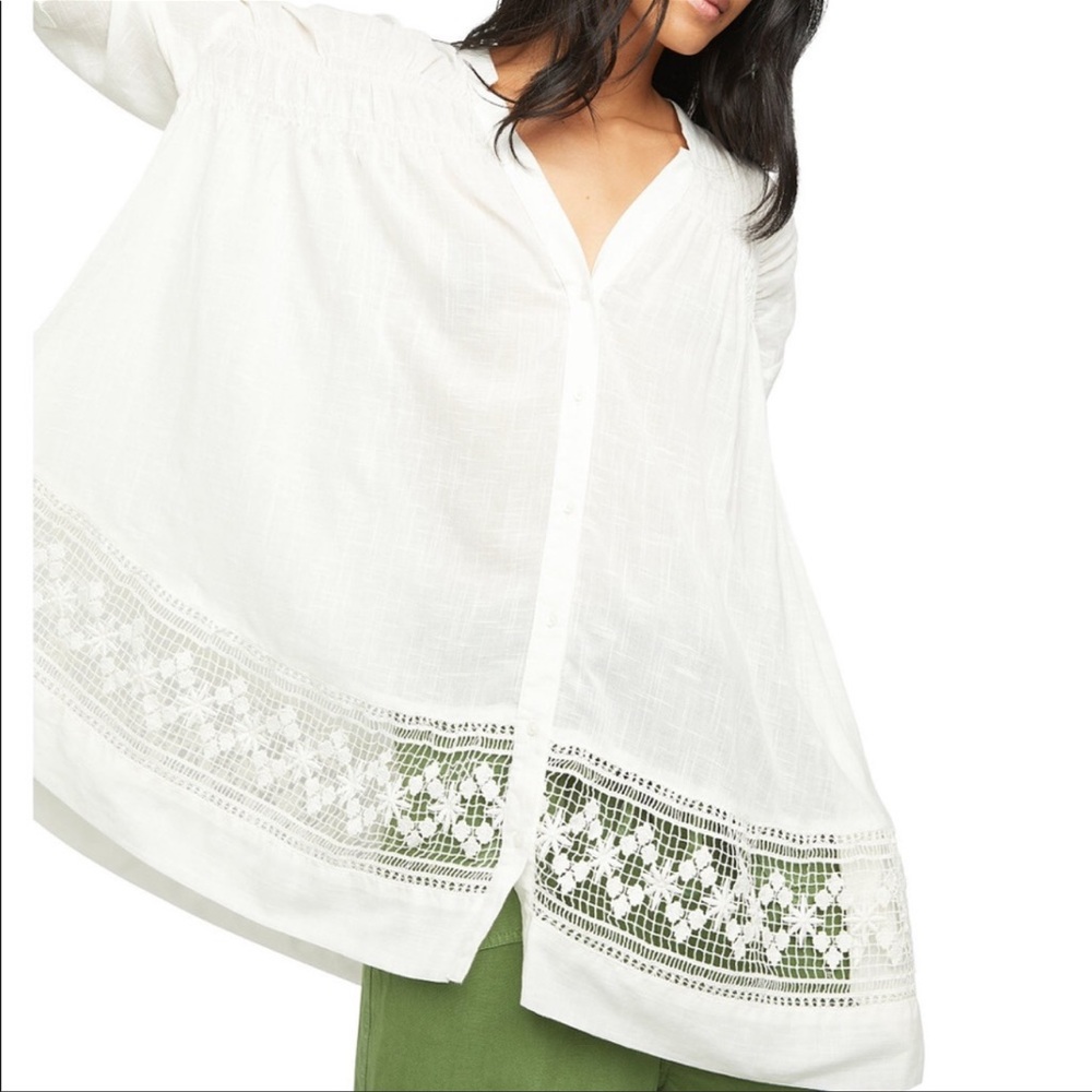 NWT Free People Green Gardens Lace Hem Button Front Tunic Blouse
